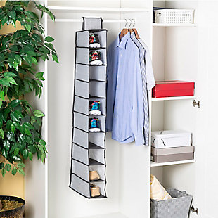 Bring an end to cluttered floors and make use of vertical space in the closet with this hanging closet organizer. Open style compartments allow you to easily see items at a quick glance. The sturdy metal hooks can be used on closet rods or a rack. Perfect for seasonal and long term storage, this hanging organizer will make a great addition for a home, condo, apartment, and dorm. Transform a messy closet into an organized oasis. Or free up more room in your drawers with this hanging organizer. With the soft fabric design, it's a great way to provide gentle and safe storage from your wardrobe and other necessities. Additionally, the unit features outward seams that prevent snagging when pulling clothes from each shelf. Item dimensions may differ slightly from actual product due to manual measurement. Color and finish may differ slightly due to differences in monitor displays. The unit is easy to clean simply wipe with a dry cloth. Spot clean.Open cubby style shelves for easy access to items | Velcro strap with thick metal hooks to secures to the closet rod | Folds flat for space-saving storage | Made of breathable non-woven material with decorative herringbone pattern