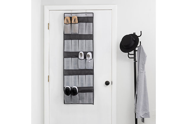 Preserve valuable space and bring order to your room instantly with this over the door shoe organizer. No assembly is required. It fits over and standard interior door with 3 sturdy metal hooks that are included. The shoe organizer is designed with 20 pockets that can hold up to 10 shoes, loafers, sandals and more. Made of breathable non-woven fabric with a stylish herringbone pattern, the 20 fabric pockets can also be used to store accessories, small toys, and tools. Item dimensions may differ slightly from actual product due to manual measurement. Color and finish may differ slightly due to differences in monitor displays.Over door organizer with 20 pockets for storing up 10 slippers, shoes, or flip-flops | 3 large hooks that hang securely over a closet rod | Multi-function can be used to store small supplies, socks, accessories, tools and spices | Made of breathable non-woven material with decorative herringbone pattern