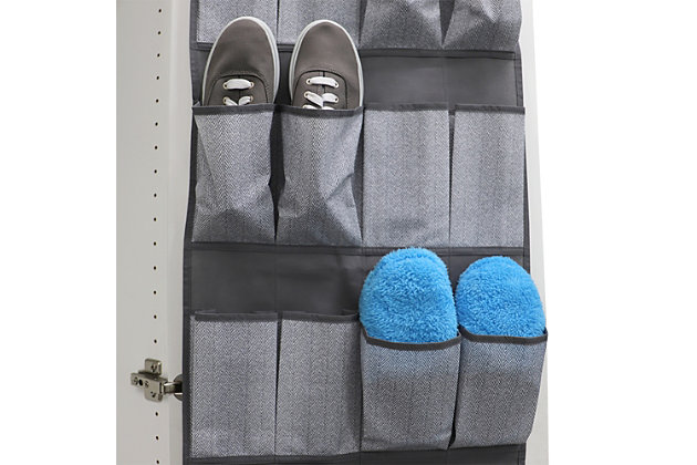 Preserve valuable space and bring order to your room instantly with this over the door shoe organizer. No assembly is required. It fits over and standard interior door with 3 sturdy metal hooks that are included. The shoe organizer is designed with 20 pockets that can hold up to 10 shoes, loafers, sandals and more. Made of breathable non-woven fabric with a stylish herringbone pattern, the 20 fabric pockets can also be used to store accessories, small toys, and tools. Item dimensions may differ slightly from actual product due to manual measurement. Color and finish may differ slightly due to differences in monitor displays.Over door organizer with 20 pockets for storing up 10 slippers, shoes, or flip-flops | 3 large hooks that hang securely over a closet rod | Multi-function can be used to store small supplies, socks, accessories, tools and spices | Made of breathable non-woven material with decorative herringbone pattern