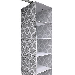 A unique medley of ornate patterns, the Arabesque hanging closet organizer brings an end to cluttered floors and provides easy space-saving vertical storage for all wardrobe essentials. Open style cubbies allow you for quick and easy access to your items. The sturdy metal hooks allow the organizer to be hung on most standard closet rods. Spot clean. With the soft fabric design, it's a great way to provide gentle and safe storage from your wardrobe and other necessities. Additionally, the unit features outward seams that prevent snagging when pulling clothes from each shelf. Item dimensions may differ slightly from actual product due to manual measurement. Color and finish may differ slightly from image due to differences in monitor displays.Open cubby style shelves for easy access to items | Velcro strap with thick metal hooks secures to closet rod | Folds flat for space-saving storage | Made of breathable non-woven material with an eye-catching arabesque pattern | Size: 12" x 12" x 47"