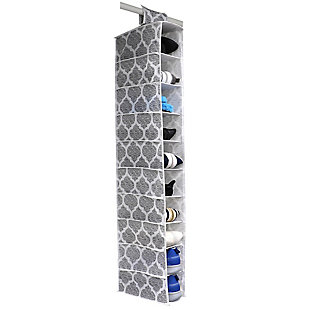 A unique medley of ornate patterns, the Arabesque hanging closet organizer brings an end to cluttered floors and provides easy space-saving vertical storage for all wardrobe essentials. Open style cubbies allow you for quick and easy access to your items. The sturdy metal hooks allow the organizer to be hung on most standard closet rods. Spot clean.Open cubby style shelves for easy access to items | Velcro strap with thick metal hooks secures to closet rod | Folds flat for space-saving storage | Made of breathable non-woven material with an eye-catching arabesque pattern