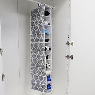 A unique medley of ornate patterns, the Arabesque hanging closet organizer brings an end to cluttered floors and provides easy space-saving vertical storage for all wardrobe essentials. Open style cubbies allow you for quick and easy access to your items. The sturdy metal hooks allow the organizer to be hung on most standard closet rods. Spot clean.Open cubby style shelves for easy access to items | Velcro strap with thick metal hooks secures to closet rod | Folds flat for space-saving storage | Made of breathable non-woven material with an eye-catching arabesque pattern