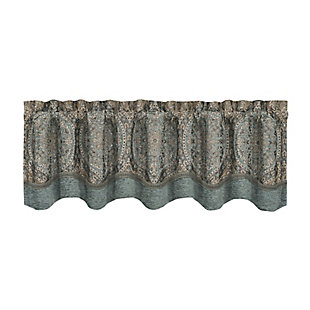 The Dorset Window Valance is exquisite with its fine details. The classic scallop style valance features a Woven chenille medallion in tones of spa, beige and granite. Beautifully finished with a dyed to match crystal tassel fringe. The 3" header and 3" rod pocket make the valance easy to hang. Pair this valance with the Dorset window panels and bedding set for a stunning update to any room.Set includes: 1 window scallop valance | Made with design house quality fabric and craftsmanship. | Timeless take on traditional patterns with an updated color palette. | Finished size: window scallop valance 20x72" | 100% polyester