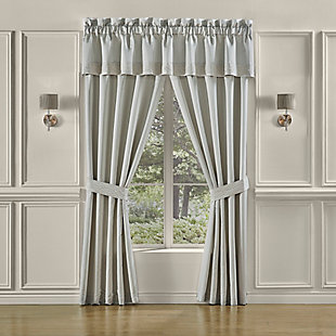 The Nouveau Straight Window Valance is extra wide and constructed with a lustrous stria satin in spa blue tones and banded with a geometric puff jacquard at the bottom for a modern structured look. Pair this valance with the Nouveau Window Panels and Bedding Collection by Five Queens Court to add modern elegance to your bedroom decor.Set includes: 1 window straight valance | Made with design house quality fabric and craftsmanship. | Timeless take on traditional patterns with an updated color palette. | Finished size: window straight valance 18x88" | 100% polyester