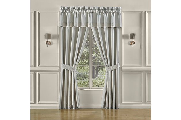 The Nouveau Straight Window Valance is extra wide and constructed with a lustrous stria satin in spa blue tones and banded with a geometric puff jacquard at the bottom for a modern structured look. Pair this valance with the Nouveau Window Panels and Bedding Collection by Five Queens Court to add modern elegance to your bedroom decor.Set includes: 1 window straight valance | Made with design house quality fabric and craftsmanship. | Timeless take on traditional patterns with an updated color palette. | Finished size: window straight valance 18x88" | 100% polyester