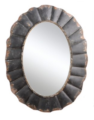 Creative Co-Op Oval Mirror With Distressed Black Scalloped Metal Frame