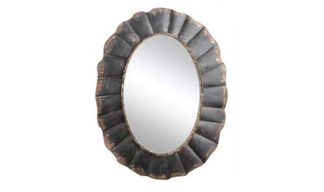 Storied Home Oval Mirror With Distressed Black Scalloped Metal Frame