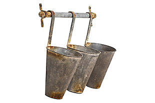 Creative Co-Op Antiqued Metal Wall Rack with 3 Hanging Tin Pots, , rollover
