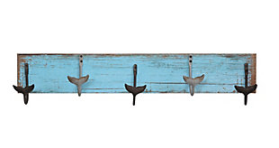 Creative Co-Op Distressed Blue Wood Wall Decor With 5 Metal Whale Tail Shaped Hooks, , large