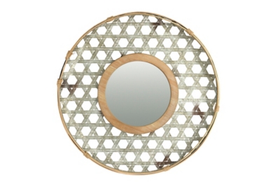 Creative Co-Op Round Metal Wall Mirror with Wood Frame and Galvanized Finish, , large