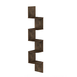 Furinno 5 Tier Wall Mount Floating Corner Shelf makes space utilization possible from any corner. Creative design provides space saving solution for small area. Display collectibles, photos, toys, awards, CDs, videos, decorative items and more. Attaches to both sides of the wall using only a few screws. Contemporary espresso finish makes it the ideal accent for any living space. A simple attitude towards lifestyle is reflected directly on the design of Furinno Furniture, creating a trend of simply nature. Care instructions: wipe clean using damp cloth. Avoid using harsh chemicals. Pictures are for illustration purpose. All decor items are not included in this offer.Radial corner shelf is space saving and good looking | Manufactured from carb grade composite wood | Easy mounting to the wall. Weight capacity is 5 lbs each shelf. | Product dimension: 7.8(w)x48.8(h)x7.8(d) inches. | Shelf dimension: 7.8(w)x7.8(h)x7.8(d) inches.