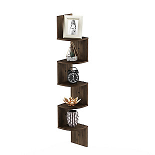 Furinno 5 Tier Wall Mount Floating Corner Shelf makes space utilization possible from any corner. Creative design provides space saving solution for small area. Display collectibles, photos, toys, awards, CDs, videos, decorative items and more. Attaches to both sides of the wall using only a few screws. Contemporary espresso finish makes it the ideal accent for any living space. A simple attitude towards lifestyle is reflected directly on the design of Furinno Furniture, creating a trend of simply nature. Care instructions: wipe clean using damp cloth. Avoid using harsh chemicals. Pictures are for illustration purpose. All decor items are not included in this offer.Radial corner shelf is space saving and good looking | Manufactured from carb grade composite wood | Easy mounting to the wall. Weight capacity is 5 lbs each shelf. | Product dimension: 7.8(w)x48.8(h)x7.8(d) inches. | Shelf dimension: 7.8(w)x7.8(h)x7.8(d) inches.
