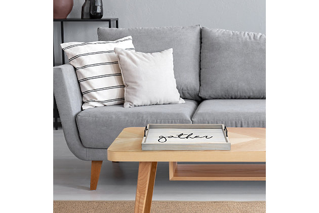 Freshen up your home with this gray wash wooden tray!  Accented with black metal handles and black text this tray is on trend to give your home that cozy farmhouse feel.  Use to serve breakfast in bed, food and drinks at a party or makes for an excellant centerpiece for your dining table, kitchen counter, coffee table or ottoman.Gray wash finish on wood | Black "farm fresh" text | Black metal handles | On-trend farmhouse design | Tray measures l: 15.50" x w: 12" x h:2.25"
