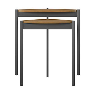 Add unique and space-saving table space to your living room with the Novogratz Tallulah Nesting Tables. Made of laminated particleboard with sturdy powder-coated metal legs, the warm walnut woodgrain finish on the tabletops pairs perfectly with the dark gray metal legs for a beautiful look for your space. Use the tables separately to hold all of your drinks and snacks for movie or game night and simply stack them together when not in use to save valuable space. The compact design is perfect for first apartments and smaller spaces. The unique tabletop shape is sure to make the tables stand out and complement your style. The Nesting Tables ship flat to your door and require minimal assembly upon opening. Once assembled, the taller table measures to be 24"H x 23.8"W x 15.7"D and the shorter table measures to be 20.9"H x 17.7"W x 11.3"D.Get space-saving table space for your room with the novogratz tallulah nesting tables | Made of laminated particleboard with sturdy powder-coated metal legs, the warm walnut woodgrain finish on the tabletops pairs perfectly with the dark gray metal legs | Get additional table space for snacks, remotes, and drinks by using the 2 tables as convenient end tables | Stack the tables together to save space and still be able to use the taller table for essentials | The nesting tables ship flat to your door and require minimal assembly upon opening. The taller table can hold up to 20 lbs. While the shorter table can hold 15 lbs. Assembled taller table dimensions: 24"h x 23.8"w x 15.7"d. Assembled shorter table dimensions: 20.9"h x 17.7"w x 11.3"d | 1 year limited warranty included