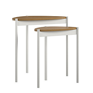 Add unique and space-saving table space to your living room with the Novogratz Tallulah Nesting Tables. Made of laminated particleboard with sturdy powder-coated metal legs, the warm walnut woodgrain finish on the tabletops pairs perfectly with the white metal legs for a beautiful look for your space. Use the tables separately to hold all of your drinks and snacks for movie or game night and simply stack them together when not in use to save valuable space. The compact design is perfect for first apartments and smaller spaces. The unique tabletop shape is sure to make the tables stand out and complement your style. The Nesting Tables ship flat to your door and require minimal assembly upon opening. Once assembled, the taller table measures to be 24"H x 23.8"W x 15.7"D and the shorter table measures to be 20.9"H x 17.7"W x 11.3"D.Get space-saving table space for your room with the novogratz tallulah nesting tables | Made of laminated particleboard with sturdy powder-coated metal legs, the warm walnut woodgrain finish on the tabletops pairs perfectly with the white metal legs | Get additional table space for snacks, remotes, and drinks by using the 2 tables as convenient end tables | Stack the tables together to save space and still be able to use the taller table for essentials | The nesting tables ship flat to your door and require minimal assembly upon opening. The taller table can hold up to 20 lbs. While the shorter table can hold 15 lbs. Assembled taller table dimensions: 24"h x 23.8"w x 15.7"d. Assembled shorter table dimensions: 20.9"h x 17.7"w x 11.3"d | 1 year limited warranty included