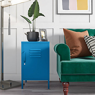 Add a fun and funky end table to your living room with the Novogratz Cache Metal Locker End Table. Made of powder-coated metal, the bright blue color adds a fun twist to your living room collection. The metal can be cleaned with a damp cloth so you can easily clean spills. The 2 shelves behind the locker style door are perfect for organizing books, magazines, and electronics. The door features a lock so you can keep your little ones out of your things. A wall anchor kit is included to secure the End Table to the wall. The End Table ships flat to your door and requires assembly upon opening. Two adults are recommended to assemble. Once assembled, the End Table measures to be 27.14"H x 14.96"W x 15.75"D.Add storage and style to your living room with the novogratz cache metal locker end table | Made of powder-coated metal, the bright blue color adds a fun pop of color while the metal makes it easy to clean spills with a damp cloth | The 2 shelves behind the locker style door are ideal for storing away essentials. The door offers a lock to keep your items secured | A wall anchor kit is included to prevent tipping injuries | The end table ships flat to your door and 2 adults are recommended to assemble. The table top can support up to 40 lbs. While each shelf can hold 15 lbs. Assembled dimensions: 27.14"h x 14.96"w x 15.75"d | 1 year limited warranty included