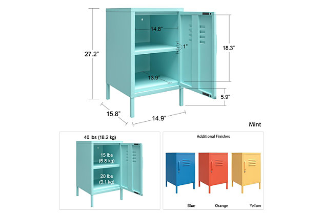 Add a fun and funky end table to your living room with the Novogratz Cache Metal Locker End Table. Made of powder-coated metal, the bright blue color adds a fun twist to your living room collection. The metal can be cleaned with a damp cloth so you can easily clean spills. The 2 shelves behind the locker style door are perfect for organizing books, magazines, and electronics. The door features a lock so you can keep your little ones out of your things. A wall anchor kit is included to secure the End Table to the wall. The End Table ships flat to your door and requires assembly upon opening. Two adults are recommended to assemble. Once assembled, the End Table measures to be 27.14"H x 14.96"W x 15.75"D.Add storage and style to your living room with the novogratz cache metal locker end table | Made of powder-coated metal, the bright blue color adds a fun pop of color while the metal makes it easy to clean spills with a damp cloth | The 2 shelves behind the locker style door are ideal for storing away essentials. The door offers a lock to keep your items secured | A wall anchor kit is included to prevent tipping injuries | The end table ships flat to your door and 2 adults are recommended to assemble. The table top can support up to 40 lbs. While each shelf can hold 15 lbs. Assembled dimensions: 27.14"h x 14.96"w x 15.75"d | 1 year limited warranty included