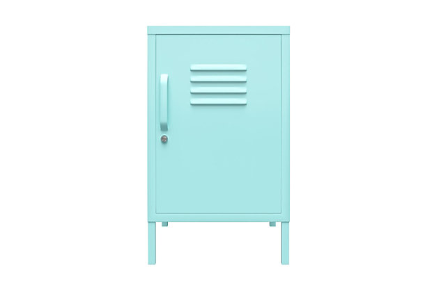 Add a fun and funky end table to your living room with the Novogratz Cache Metal Locker End Table. Made of powder-coated metal, the light green color adds a fun twist to your living room collection. The metal can be cleaned with a damp cloth so you can easily clean spills. The 2 shelves behind the locker style door are perfect for organizing books, magazines, and electronics. The door features a lock so you can keep your little ones out of your things. A wall anchor kit is included to secure the End Table to the wall. The End Table ships flat to your door and requires assembly upon opening. Two adults are recommended to assemble. Once assembled, the End Table measures to be 27.14"H x 14.96"W x 15.75"D.Add storage and style to your living room with the novogratz cache metal locker end table | Made of powder-coated metal, the light green mint color adds a fun pop of color while the metal makes it easy to clean spills with a damp cloth | The 2 shelves behind the locker style door are ideal for storing away essentials. The door offers a lock to keep your items secured | A wall anchor kit is included to prevent tipping injuries | The end table ships flat to your door and 2 adults are recommended to assemble. The table top can support up to 40 lbs. While each shelf can hold 15 lbs. Assembled dimensions: 27.14"h x 14.96"w x 15.75"d | 1 year limited warranty included