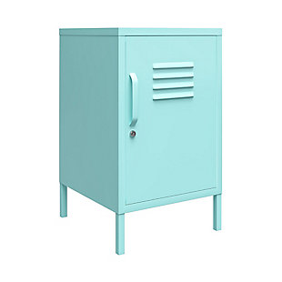 Add a fun and funky end table to your living room with the Novogratz Cache Metal Locker End Table. Made of powder-coated metal, the light green color adds a fun twist to your living room collection. The metal can be cleaned with a damp cloth so you can easily clean spills. The 2 shelves behind the locker style door are perfect for organizing books, magazines, and electronics. The door features a lock so you can keep your little ones out of your things. A wall anchor kit is included to secure the End Table to the wall. The End Table ships flat to your door and requires assembly upon opening. Two adults are recommended to assemble. Once assembled, the End Table measures to be 27.14"H x 14.96"W x 15.75"D.Add storage and style to your living room with the novogratz cache metal locker end table | Made of powder-coated metal, the light green mint color adds a fun pop of color while the metal makes it easy to clean spills with a damp cloth | The 2 shelves behind the locker style door are ideal for storing away essentials. The door offers a lock to keep your items secured | A wall anchor kit is included to prevent tipping injuries | The end table ships flat to your door and 2 adults are recommended to assemble. The table top can support up to 40 lbs. While each shelf can hold 15 lbs. Assembled dimensions: 27.14"h x 14.96"w x 15.75"d | 1 year limited warranty included