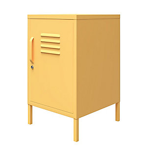 Add a fun and funky end table to your living room with the Novogratz Cache Metal Locker End Table. Made of powder-coated metal, the bright yellow color adds a fun twist to your living room collection. The metal can be cleaned with a damp cloth so you can easily clean spills. The 2 shelves behind the locker style door are perfect for organizing books, magazines, and electronics. The door features a lock so you can keep your little ones out of your things. A wall anchor kit is included to secure the End Table to the wall. The End Table ships flat to your door and requires assembly upon opening. Two adults are recommended to assemble. Once assembled, the End Table measures to be 27.14"H x 14.96"W x 15.75"D.Add storage and style to your living room with the novogratz cache metal locker end table | Made of powder-coated metal, the bright yellow color adds a fun pop of color while the metal makes it easy to clean spills with a damp cloth | The 2 shelves behind the locker style door are ideal for storing away essentials. The door offers a lock to keep your items secured | A wall anchor kit is included to prevent tipping injuries | The end table ships flat to your door and 2 adults are recommended to assemble. The table top can support up to 40 lbs. While each shelf can hold 15 lbs. Assembled dimensions: 27.14"h x 14.96"w x 15.75"d | 1 year limited warranty included