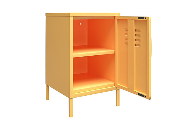 Add a fun and funky end table to your living room with the Novogratz Cache Metal Locker End Table. Made of powder-coated metal, the bright yellow color adds a fun twist to your living room collection. The metal can be cleaned with a damp cloth so you can easily clean spills. The 2 shelves behind the locker style door are perfect for organizing books, magazines, and electronics. The door features a lock so you can keep your little ones out of your things. A wall anchor kit is included to secure the End Table to the wall. The End Table ships flat to your door and requires assembly upon opening. Two adults are recommended to assemble. Once assembled, the End Table measures to be 27.14"H x 14.96"W x 15.75"D.Add storage and style to your living room with the novogratz cache metal locker end table | Made of powder-coated metal, the bright yellow color adds a fun pop of color while the metal makes it easy to clean spills with a damp cloth | The 2 shelves behind the locker style door are ideal for storing away essentials. The door offers a lock to keep your items secured | A wall anchor kit is included to prevent tipping injuries | The end table ships flat to your door and 2 adults are recommended to assemble. The table top can support up to 40 lbs. While each shelf can hold 15 lbs. Assembled dimensions: 27.14"h x 14.96"w x 15.75"d | 1 year limited warranty included