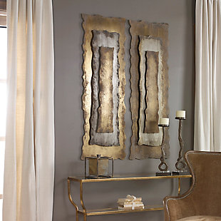 Capturing the vintage industrial aesthetic for an elegant room setting, this wall art stacks three layers of roughly cut sheet metal to create a three-dimensional panel. The metal is heavily oxidized to duplicate weathering, for a vintage industrial effect.Made of metal | Antiqued bronze-tone, silvertone and goldtone finish | Attached d-rings | Horizontal and vertical hanging | Indoor use only | Ready to hang