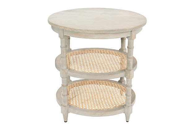 There is no end to the places that need this grey three tier table. Use it as an end table, night stand or put it in a random corner full of knick knacks. It is practical as well as a beautiful piece of furniture with an abundance of space for organizing or displaying items.Features three full levels for displaying items or organizing the home | Place a decorative plant on top and fill the bottom shelves with decorative figurines | Use next to the bed and keep kleenex, books, computer and miscellaneous items within reach | 23.5"l x 23.5"w x 24"h | Shelves have a decorative cane center | Perfect for the home or office