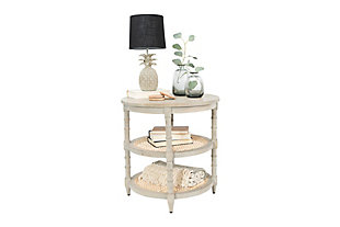 There is no end to the places that need this grey three tier table. Use it as an end table, night stand or put it in a random corner of knick knacks. It is practical as well as a beautiful piece of furniture with an abundance of space for organizing or displaying items.Features three levels for displaying items or organizing the home | Place a decorative plant on top and fill the bottom shelves with decorative figurines | Use next to the bed and keep kleenex, books, computer and miscellaneous items within reach | 23.5"l x 23.5"w x 24"h | Shelves have a decorative cane center | Perfect for the home or office