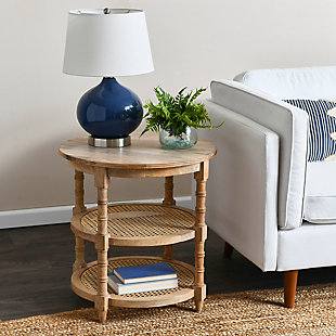 There is no end to the places that need this white three tier table. Use it as an end table, night stand or put it in a random corner full of knick knacks.  It is practical as well as a beautiful piece of furniture with an abundance of space for organizing or displaying items.Features three full levels for displaying items or organizing the home | Place a decorative plant on top and fill the bottom shelves with decorative figurines | Use next to the bed and keep kleenex, books, computer and miscellaneous items within reach | 23.5"l x 23.5"w x 24"h | Shelves have a decorative cane center | Perfect for the home or office