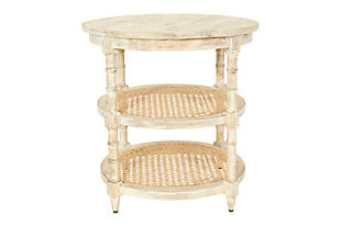 There is no end to the places that need this white three tier table. Use it as an end table, night stand or put it in a random corner full of knick knacks.  It is practical as well as a beautiful piece of furniture with an abundance of space for organizing or displaying items.Features three full levels for displaying items or organizing the home | Place a decorative plant on top and fill the bottom shelves with decorative figurines | Use next to the bed and keep kleenex, books, computer and miscellaneous items within reach | 23.5"l x 23.5"w x 24"h | Shelves have a decorative cane center | Perfect for the home or office