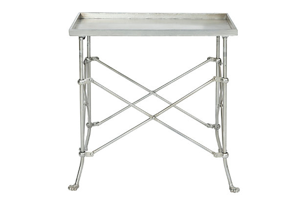 This handsome rustic bronze-finished metal table is just the perfect size to accent a chair or sofa. With it's architectural structure and whimsical yet classical feet, it is sure to be a welcome addition to any home.  The table is slim, sturdy and stylish. Its fashionable design makes it a classy addition to a traditional living room, dining room or office.Use this lovely piece as a side or accent table | Can also be used as a tray table when having guests | Easily move from room to room wherever it is needed | 20"l x 12"w x 20"h
