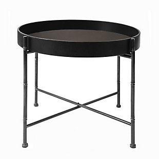 With a removable wood tray and collapsible metal stand, this side table is the perfect, portable addition to any room. This table has a classic black color which goes with any color scheme or décor style. Perfect for setting beside couches, this table is easily decorated with lamps, plants, or candles while also functioning as a catch-all for practical things.Metal side table is perfect for using as an end table next to couch to hold lamps or drinks | Goes with any style décor from classic to modern | Classic solid black top with dark oxidized metal stand | Removable tray and collapsible stand | 23.25" x 20"