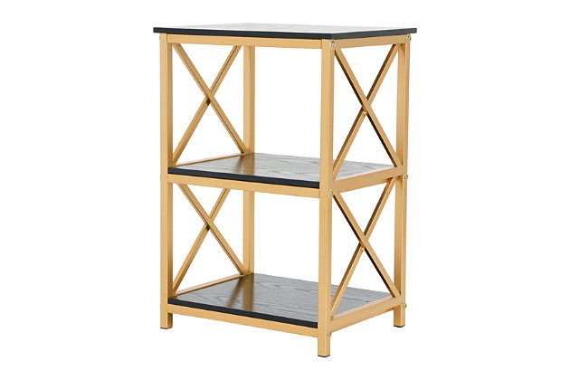 The Crossline Side Table is modern, practical and stylish. With sleek black and gold accents, this 3 tiered shelf is a perfect accent table for use in a living room as an end table or in a bedroom as a bedside table or nightstand. Decorative storage shelves offer the perfect solution to displaying all your favorite items, collections or photos in a clean and organized way. Relive your favorite memories each and every time you walk by your table display. Make it a set with the Crossline console table.Multi-functional side accent table is modern and contemporary suitable for any décor style | Black shelves with brushed gold metal base is accented with a stylish 'x' design on each side | Features 3 shelves perfect for displaying all your favorite decorative items in a clean and organized way | Side table is perfect for use in a living room as an end table or in a bedroom as a bedside table or nightstand | Item dimensions: 17.75"w x 13.75"d x 26"h