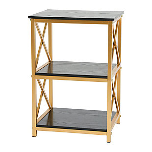 The Crossline Side Table is modern, practical and stylish. With sleek black and gold accents, this 3 tiered shelf is a perfect accent table for use in a living room as an end table or in a bedroom as a bedside table or nightstand. Decorative storage shelves offer the perfect solution to displaying all your favorite items, collections or photos in a clean and organized way. Relive your favorite memories each and every time you walk by your table display. Make it a set with the Crossline console table.Multi-functional side accent table is modern and contemporary suitable for any décor style | Black shelves with brushed gold metal base is accented with a stylish 'x' design on each side | Features 3 shelves perfect for displaying all your favorite decorative items in a clean and organized way | Side table is perfect for use in a living room as an end table or in a bedroom as a bedside table or nightstand | Item dimensions: 17.75"w x 13.75"d x 26"h