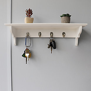 Home Basics Wood Floating Shelf with Key Hooks, White, , rollover