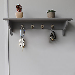 Home Basics Wood Floating Shelf with Key Hooks, Gray, , rollover