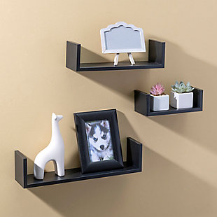 Home Basics Floating Wood Shelf, (Set of 3), Black, , rollover