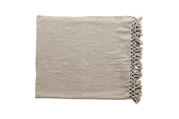 This attractive woven recycled cotton blend throw with tassels is a soft and comfy accessory. It is a functional and stylish accessory for your bedroom or living room that complements many décor styles.Attractive woven recycled cotton blend throw with tassels is a soft and comfy accessory | Fabric and tassels are a warm grey color | A functional and stylish accessory for your bedroom or living room that complements many décor styles | A soft and cozy covering that will complement many design styles, machine wash | 80% cotton, 20% viscose