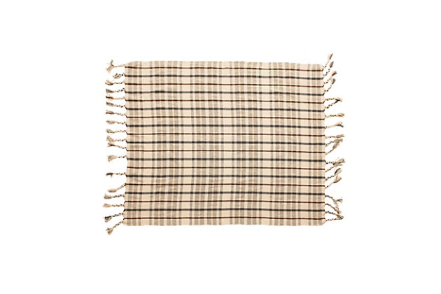 This handsome woven recycled cotton blend plaid throw with tassels is a soft and comfy accessory. It is a functional and stylish accessory for your bedroom or living room that complements many décor styles.Handsome woven recycled cotton blend plaid throw with tassels is a soft and comfy accessory | Fabric and tassels have a cream, brown and charcoal palette and plaid pattern | A functional and stylish accessory for your bedroom or living room that complements many décor styles | A soft and cozy covering that will complement many design styles, machine wash | 80% cotton, 20% viscose