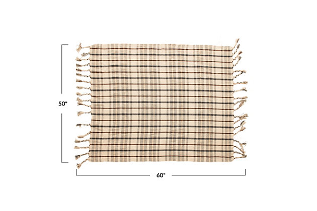 This handsome woven recycled cotton blend plaid throw with tassels is a soft and comfy accessory. It is a functional and stylish accessory for your bedroom or living room that complements many décor styles.Handsome woven recycled cotton blend plaid throw with tassels is a soft and comfy accessory | Fabric and tassels have a cream, brown and charcoal palette and plaid pattern | A functional and stylish accessory for your bedroom or living room that complements many décor styles | A soft and cozy covering that will complement many design styles, machine wash | 80% cotton, 20% viscose