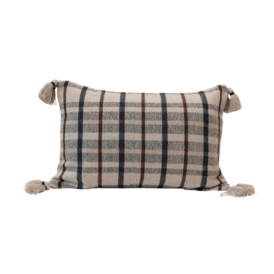 Creative Co-Op Bloomingville Woven Recycled Cotton Blend Plaid Tasseled Lumbar Pillow, , large