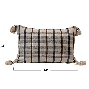 This handsome woven recycled cotton blend plaid lumbar pillow with tassels is a soft and comfy accessory. It is a functional and stylish accessory for your bedroom or living room that complements many décor styles.Handsome woven recycled cotton blend plaid lumbar pillow with tassels is a soft and comfy accessory | Fabric and tassels have a cream, brown and charcoal palette and plaid pattern | A functional and stylish accessory for your bedroom or living room that complements many décor styles | A soft and cozy pillow that will complement many design styles, spot clean only | 100% cotton
