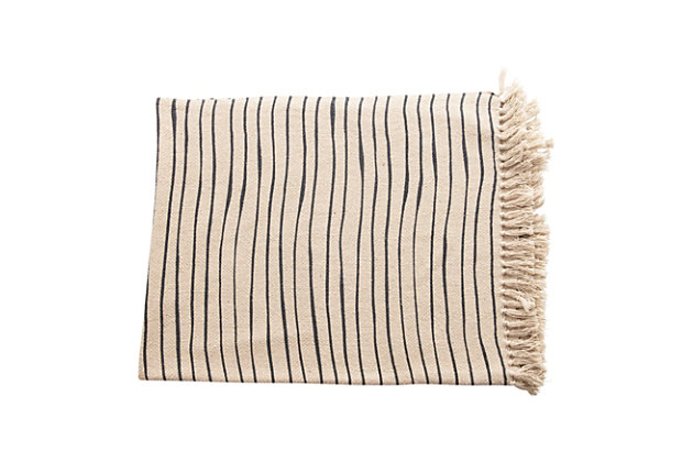 This delightful and casual woven recycled cotton blend throw with stripes and tassels is a soft and comfy accessory. It is a functional and stylish accessory for your bedroom or living room that complements many décor styles.Delightful and casual woven recycled cotton blend throw with stripes and tassels is a soft and comfy accessory | Fabric and tassels are cream with black striping detail | A functional and stylish accessory for your bedroom or living room that complements many décor styles | A soft and cozy covering that will complement many design styles, machine wash | 100% cotton