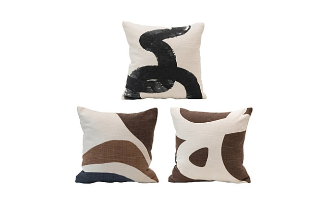 This alluring and unique cotton pillow with an abstract design is a soft and comfy accessory. It is a functional and stylish accessory for your bedroom or living room that complements many décor styles.Alluring and unique cotton pillow with an abstract design is a soft and comfy accessory | Fabric has a varying palette of soft white, browns, and black | A functional and stylish accessory for your bedroom or living room that complements many décor styles | Comes in a set of three different styles, machine wash | 100% cotton