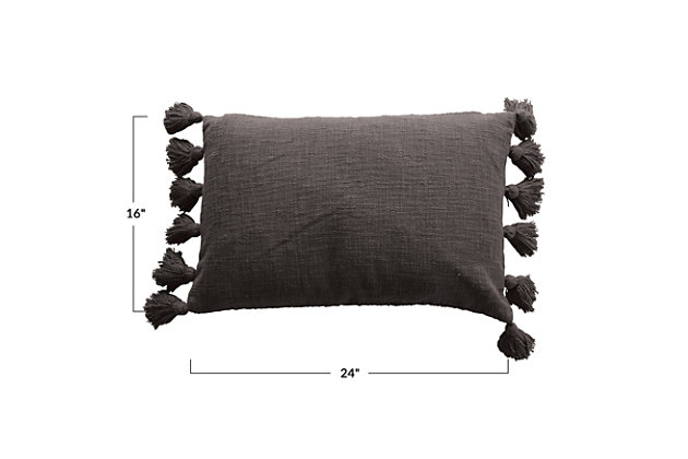 This cotton pillow instantly upgrades any couch or chair, and catches the eye effortlessly with its iron and tassels. Made out of cotton slub lumbar, this pillow brings both comfort and unique style to any seatingThis cotton lumbar pillow instantly upgrades any couch or chair, and catches the eye effortlessly with its iron color and tassels | Made out of cotton lumbar | Beautiful iron color | Adds both style and comfort to any seat | 100% cotton