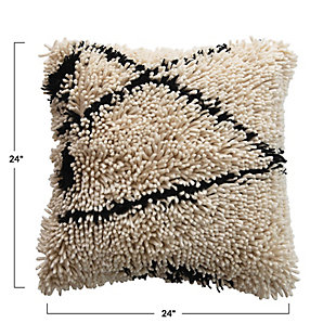 This shag pillow instantly upgrades any couch or chair, and catches the eye effortlessly with its modern-inspired black and cream pattern. Made out of woven wool, this pillow brings both comfort and unique style to any seatingThis woven wool shag pillow instantly upgrades any couch or chair, and catches the eye effortlessly with its black and cream pattern | Made out of woven wool | Black and cream color | Adds both style and comfort to any seat | 80% wool, 20% cotton