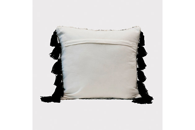 This cotton pillow instantly upgrades any couch or chair, and catches the eye effortlessly with its black and white pattern with fun tassels on the sides. Made out of tufted cotton, this printed pillow brings both comfort and unique style to any seatingThis cotton tufted pillow instantly upgrades any couch or chair, and catches the eye effortlessly with its black and white pattern and tassels | Made out of tufted cotton | Black and cream color | Adds both style and comfort to any seat | 97% cotton, 3% other fibre