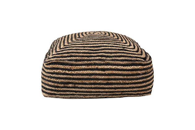 This pouf is both adorable and practical. Featuring a black and natural striped pattern, this pouf is covered in jute. Matches perfectly with any neutral décor, and is perfect for extra seating or in a bohemian living room.This pouf is covered in jute and is the perfect accessory to a bohemian or eclectic living room | Made out of cotton and jute | Perfect for pulling up to a coffee table during game time | Can also be used to place a platter and décor | 95% jute, 5% cotton