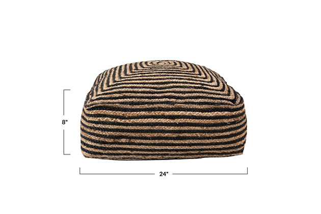 This pouf is both adorable and practical. Featuring a black and natural striped pattern, this pouf is covered in jute. Matches perfectly with any neutral décor, and is perfect for extra seating or in a bohemian living room.This pouf is covered in jute and is the perfect accessory to a bohemian or eclectic living room | Made out of cotton and jute | Perfect for pulling up to a coffee table during game time | Can also be used to place a platter and décor | 95% jute, 5% cotton