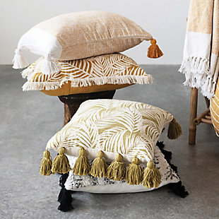 Creative Co-Op Palm Pattern Cotton Slub Fringed Pillow, , rollover